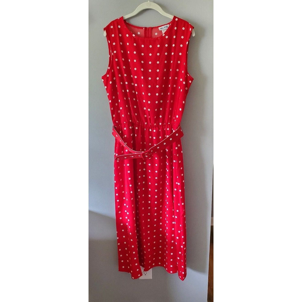 Vtg Blair Sz L Rockabilly Midi Dress Sleeveless Red White Polka Dot Long Belted - Picture 9 of 11